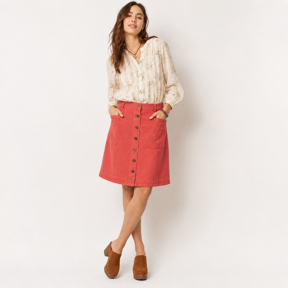 Anthropologie Pilcro Gallery Skirt 8 Coral Button Front A Line Utility Pockets